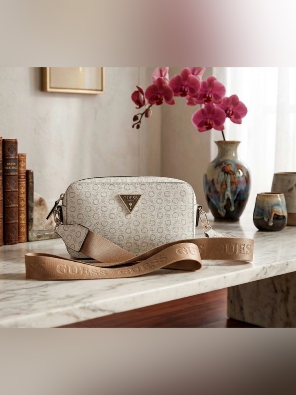 GUESS Cream & Brown Logo Crossbody Bag with Dual-Strap
